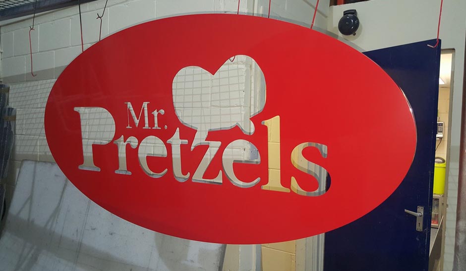 Mr Pretzels sign wet spraying